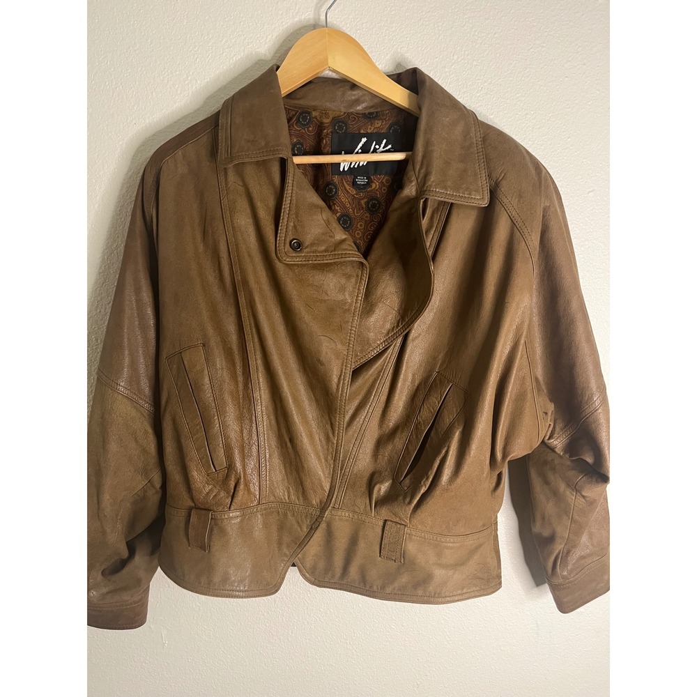 Winlit Vintage 80s Brown Leather Batwing Cropped Jacket Large Paisley Lining